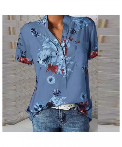 Women Button Down Henley Shirts Short Sleeve Boho Blouses V Neck Vintage Floral Trendy Tunic Tops with Pocket 01-blue $7.35 Tops