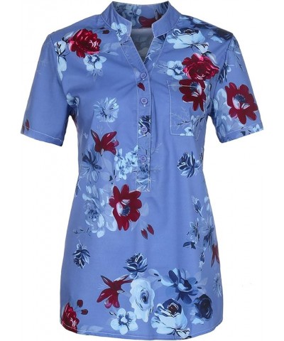 Women Button Down Henley Shirts Short Sleeve Boho Blouses V Neck Vintage Floral Trendy Tunic Tops with Pocket 01-blue $7.35 Tops