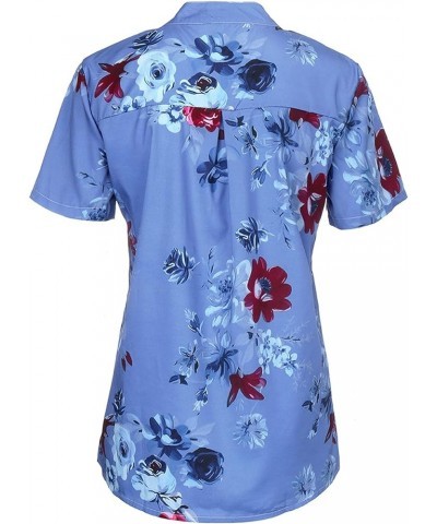 Women Button Down Henley Shirts Short Sleeve Boho Blouses V Neck Vintage Floral Trendy Tunic Tops with Pocket 01-blue $7.35 Tops