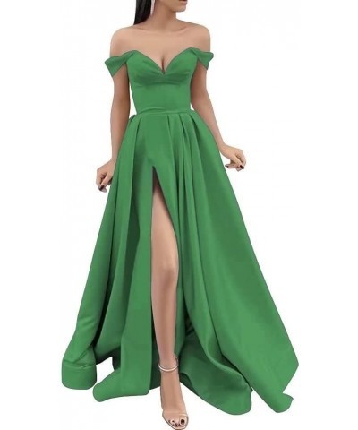 Off The Shoulder Long Slit Prom Dresses with Pockets V Neck Empire Waist Satin Party Evening Gown for Women Formal Green $30....