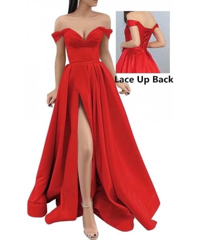 Off The Shoulder Long Slit Prom Dresses with Pockets V Neck Empire Waist Satin Party Evening Gown for Women Formal Green $30....