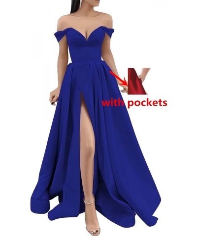 Off The Shoulder Long Slit Prom Dresses with Pockets V Neck Empire Waist Satin Party Evening Gown for Women Formal Green $30....