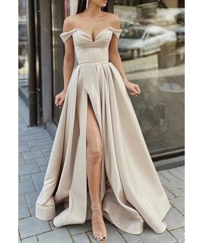 Off The Shoulder Long Slit Prom Dresses with Pockets V Neck Empire Waist Satin Party Evening Gown for Women Formal Green $30....