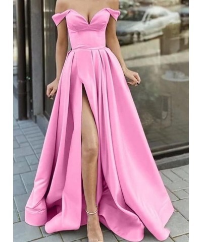 Off The Shoulder Long Slit Prom Dresses with Pockets V Neck Empire Waist Satin Party Evening Gown for Women Formal Green $30....