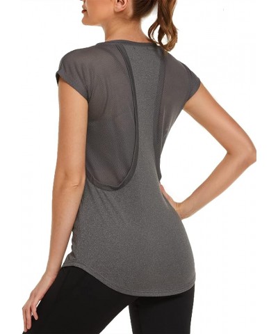 Women Workout Tops Open Back Short Sleeve Running Shirt Quick Dry Yoga Tops Mesh Athletic T Shirt Grey $13.24 Activewear