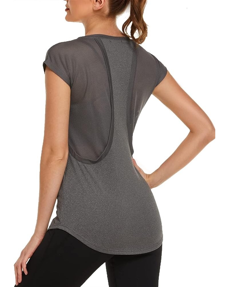 Women Workout Tops Open Back Short Sleeve Running Shirt Quick Dry Yoga Tops Mesh Athletic T Shirt Grey $13.24 Activewear