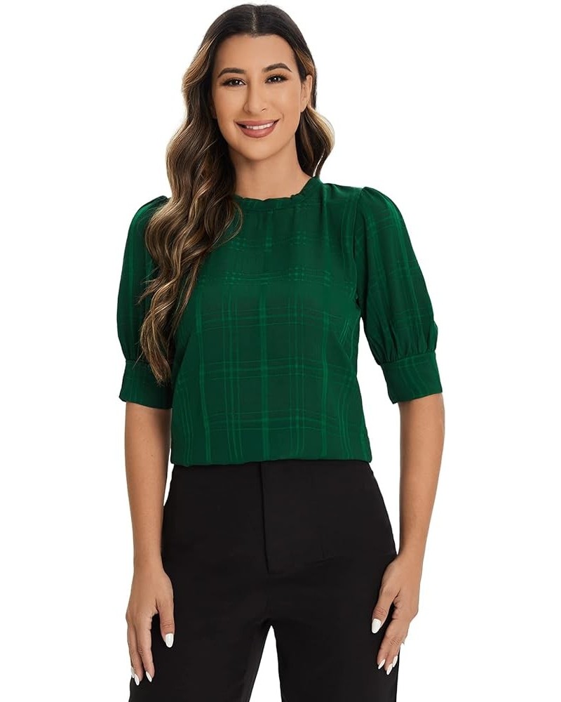 Women's Casual Round Neck Puff Sleeve Tops for Women Keyhole Back Blouse Green $7.64 Blouses