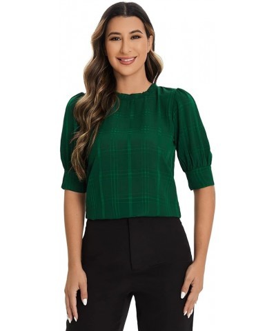 Women's Casual Round Neck Puff Sleeve Tops for Women Keyhole Back Blouse Green $7.64 Blouses