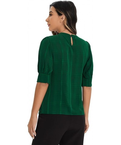 Women's Casual Round Neck Puff Sleeve Tops for Women Keyhole Back Blouse Green $7.64 Blouses