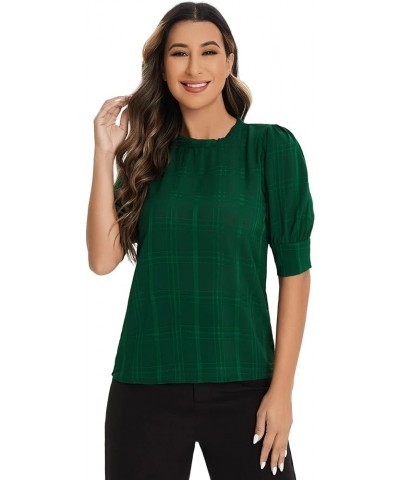 Women's Casual Round Neck Puff Sleeve Tops for Women Keyhole Back Blouse Green $7.64 Blouses