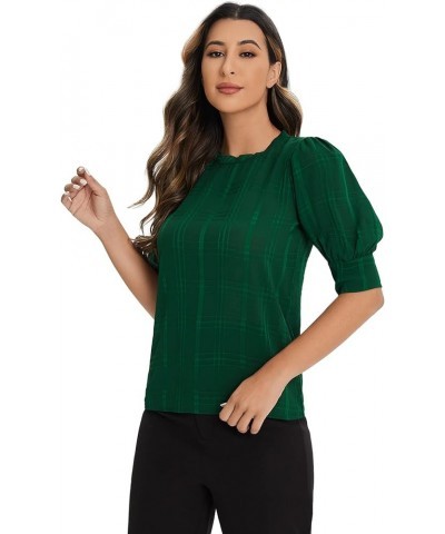 Women's Casual Round Neck Puff Sleeve Tops for Women Keyhole Back Blouse Green $7.64 Blouses