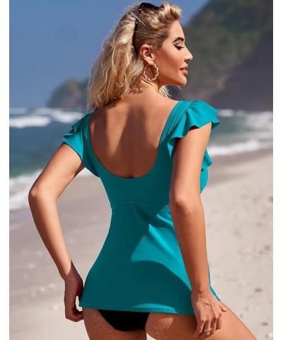 Women Tankini Top Ruffled Shoulder Bathing Suit Top V Neck Swimsuit Top Flowy Bikini Tank Top Green $13.36 Swimsuits