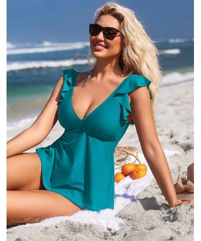 Women Tankini Top Ruffled Shoulder Bathing Suit Top V Neck Swimsuit Top Flowy Bikini Tank Top Green $13.36 Swimsuits