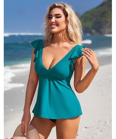 Women Tankini Top Ruffled Shoulder Bathing Suit Top V Neck Swimsuit Top Flowy Bikini Tank Top Green $13.36 Swimsuits