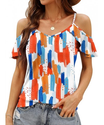 Women Summer Cold Shoulder Tops Loose V Neck Short Sleeve Blouses Sexy Casual Ruffle Sleeves Tunic Shirts S-XXL A-color Flowe...