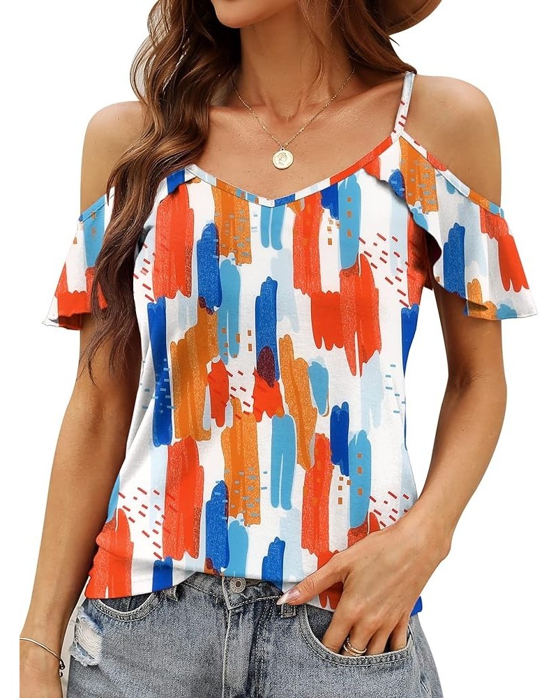 Women Summer Cold Shoulder Tops Loose V Neck Short Sleeve Blouses Sexy Casual Ruffle Sleeves Tunic Shirts S-XXL A-color Flowe...