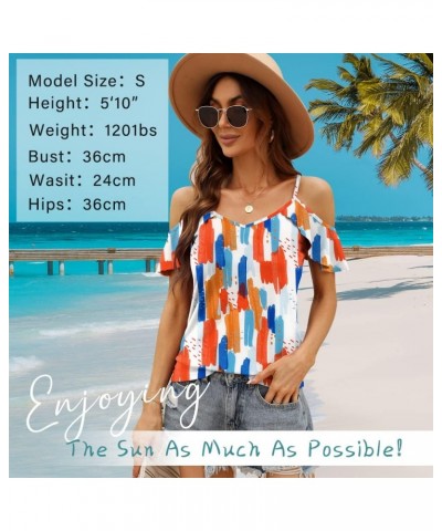 Women Summer Cold Shoulder Tops Loose V Neck Short Sleeve Blouses Sexy Casual Ruffle Sleeves Tunic Shirts S-XXL A-color Flowe...