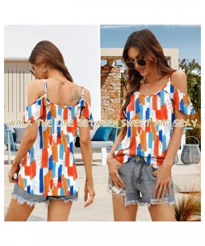 Women Summer Cold Shoulder Tops Loose V Neck Short Sleeve Blouses Sexy Casual Ruffle Sleeves Tunic Shirts S-XXL A-color Flowe...