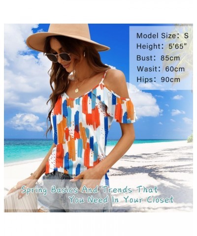 Women Summer Cold Shoulder Tops Loose V Neck Short Sleeve Blouses Sexy Casual Ruffle Sleeves Tunic Shirts S-XXL A-color Flowe...