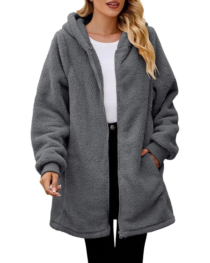 Womens Jacket Winter Coats for Women Fuzzy Fleece Jacket Hooded Cardigan Coats Outerwear with Pockets Grey $10.63 Jackets