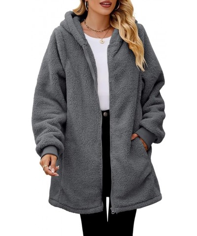 Womens Jacket Winter Coats for Women Fuzzy Fleece Jacket Hooded Cardigan Coats Outerwear with Pockets Grey $10.63 Jackets