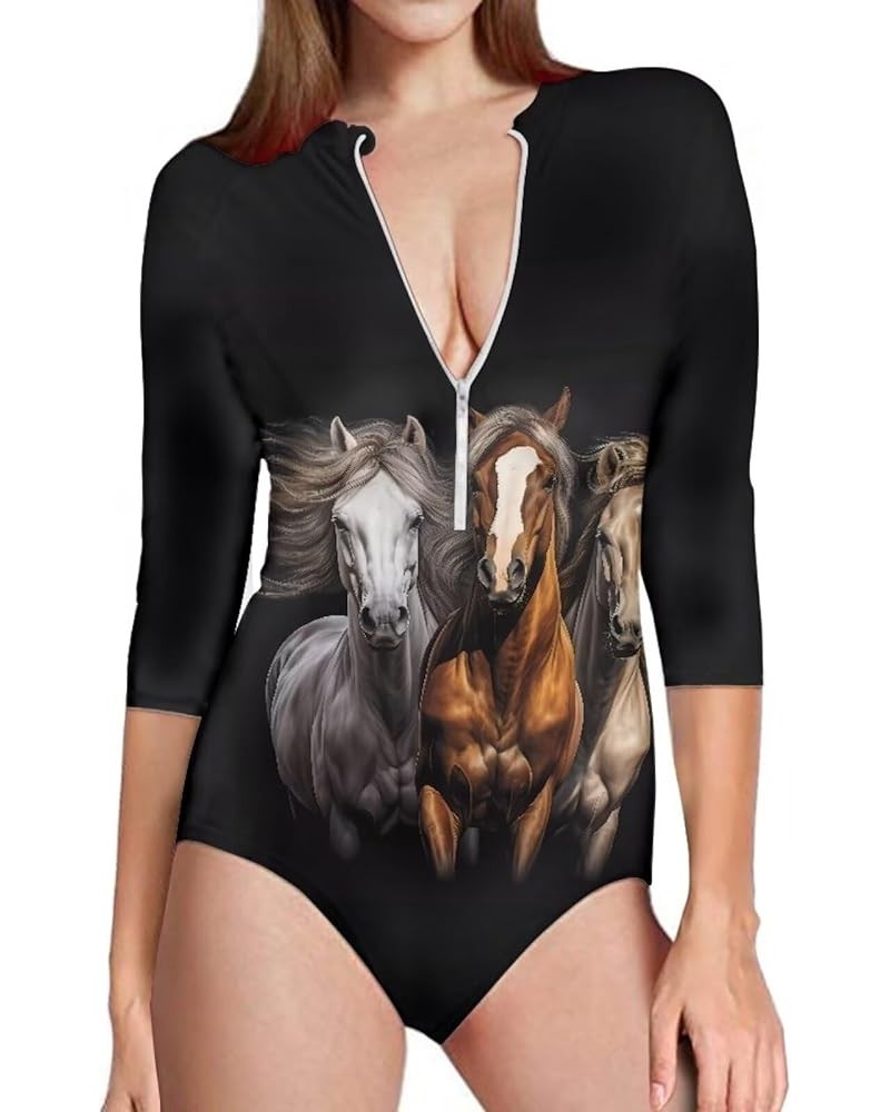 Womens One Piece Swimsuit Zip Front Printed 3/4 Short Sleeve Rash Guard UPF 50++ Sun Protection Swimwear Running Horse $16.81...