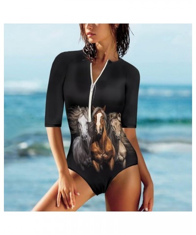 Womens One Piece Swimsuit Zip Front Printed 3/4 Short Sleeve Rash Guard UPF 50++ Sun Protection Swimwear Running Horse $16.81...