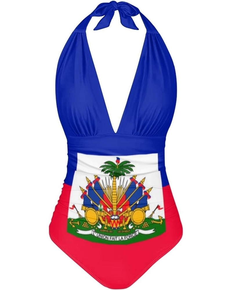 Womens Tummy Control Bathing Suit Sexy One Piece Swimsuits Slimming Halter Ruched Swimwear Haiti Flag $17.97 Swimsuits