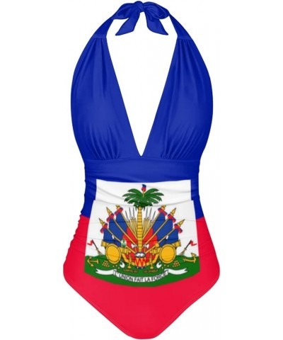 Womens Tummy Control Bathing Suit Sexy One Piece Swimsuits Slimming Halter Ruched Swimwear Haiti Flag $17.97 Swimsuits