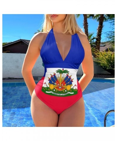 Womens Tummy Control Bathing Suit Sexy One Piece Swimsuits Slimming Halter Ruched Swimwear Haiti Flag $17.97 Swimsuits