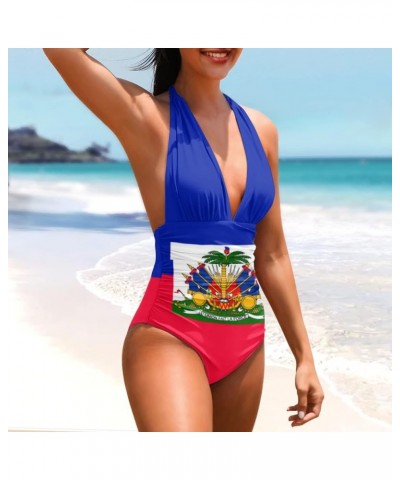 Womens Tummy Control Bathing Suit Sexy One Piece Swimsuits Slimming Halter Ruched Swimwear Haiti Flag $17.97 Swimsuits