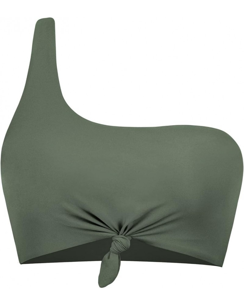 Women's Vintage One Shoulder Bikini Supportive Bow Knot Padded Swimsuit Bathing Suit Tops Only Olive $12.53 Swimsuits