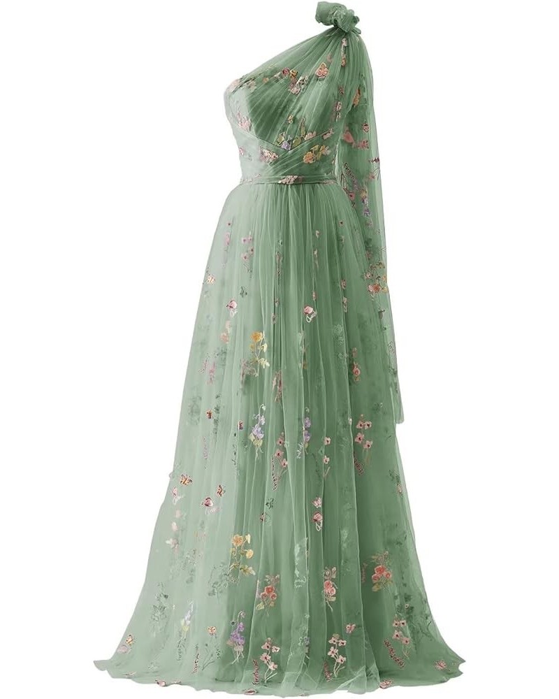 Tulle Prom Dresses Flower Embroidery Women's Long Formal Evening Party Gowns 2024 One Shoulder-green $28.04 Dresses