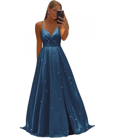 Women's Spaghetti Straps Prom Dresses Long V-Neck Sparkling Bridesmaid Dresses Formal Evening Gowns with High Slit Peacock Bl...