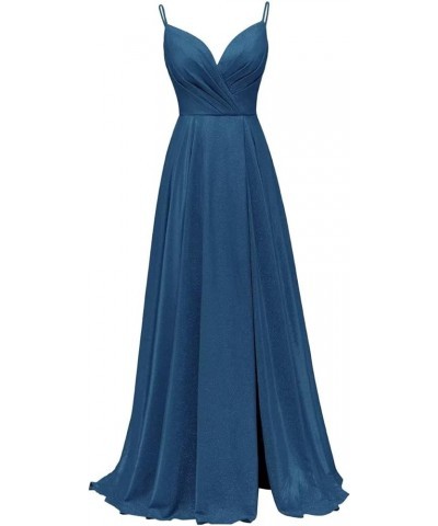 Women's Spaghetti Straps Prom Dresses Long V-Neck Sparkling Bridesmaid Dresses Formal Evening Gowns with High Slit Peacock Bl...