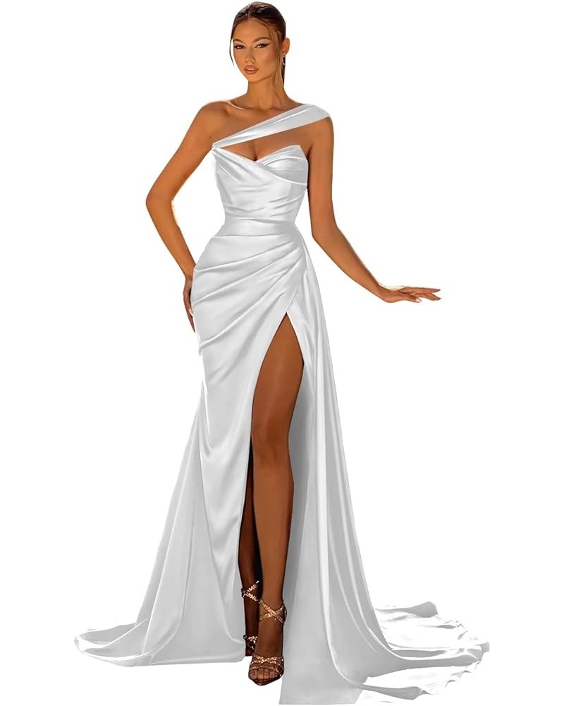 Women's One Shoulder Prom Dresses Long Satin Ball Gown High Slit Mermaid Corset Wedding Guest Formal Evening Dress White $29....