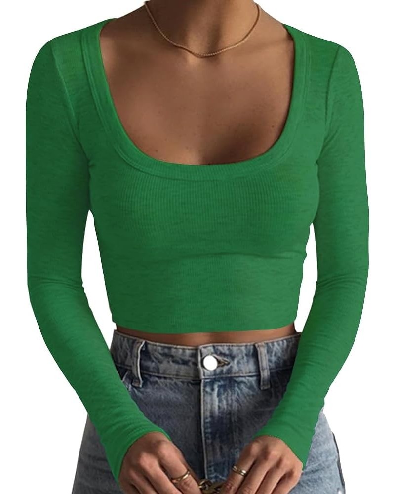 Women's Square Neck Long Sleeve Ribbed Slim Fitted Casual Basic Crop Top Emerald Green $10.80 T-Shirts