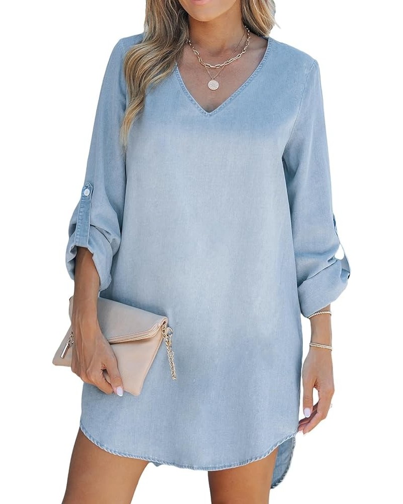 Women's Casual Mini Dress V Neck Dolphin Hem Roll-Tab Cuffs Long Sleeve A Line Short Loose Fit Demin Dresses Light Sky Blue $...