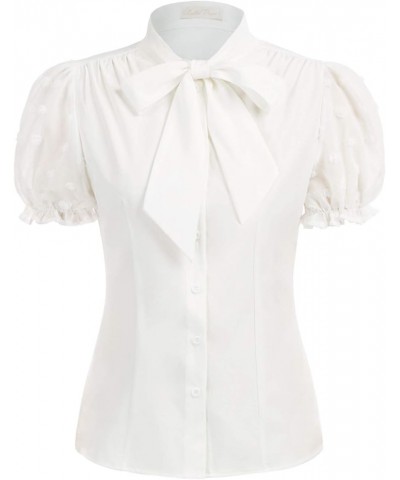 Summer Short Sleeve Office Button Down Blouse Stripe Shirt Tops with Bow Tie BP573 White(mesh Sleeve) $19.37 Blouses