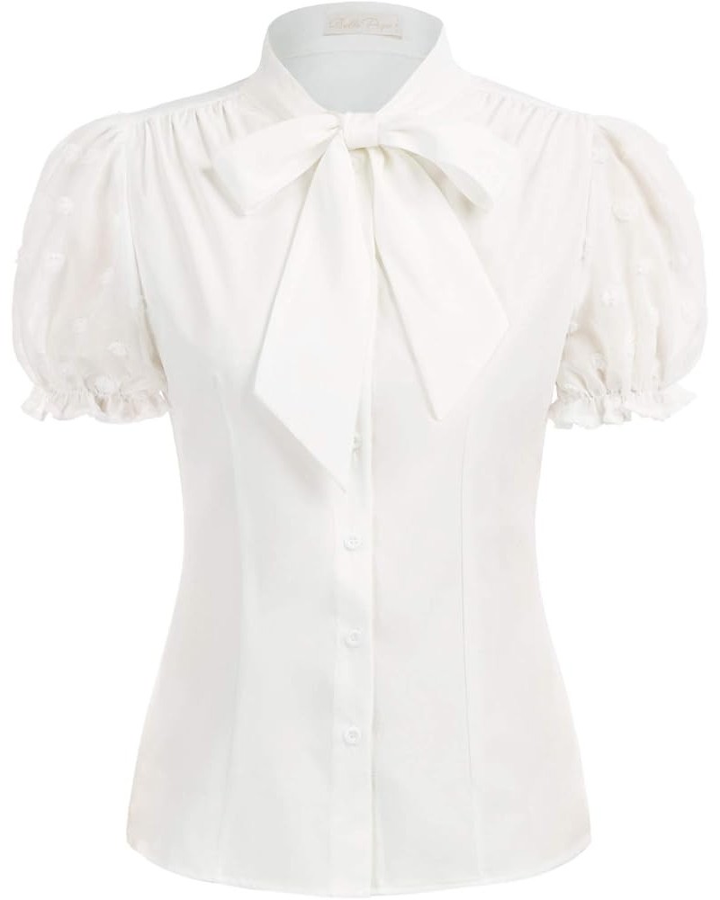 Summer Short Sleeve Office Button Down Blouse Stripe Shirt Tops with Bow Tie BP573 White(mesh Sleeve) $19.37 Blouses