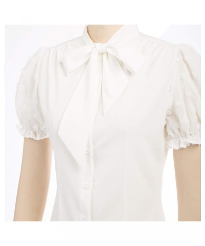 Summer Short Sleeve Office Button Down Blouse Stripe Shirt Tops with Bow Tie BP573 White(mesh Sleeve) $19.37 Blouses