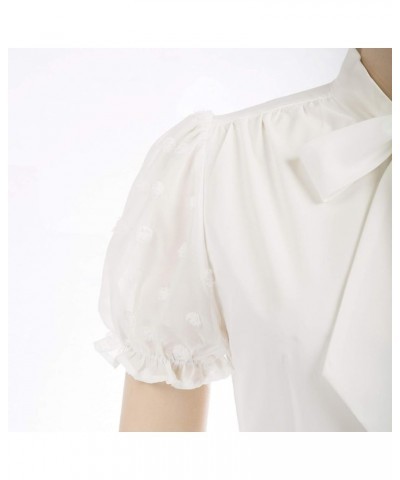 Summer Short Sleeve Office Button Down Blouse Stripe Shirt Tops with Bow Tie BP573 White(mesh Sleeve) $19.37 Blouses