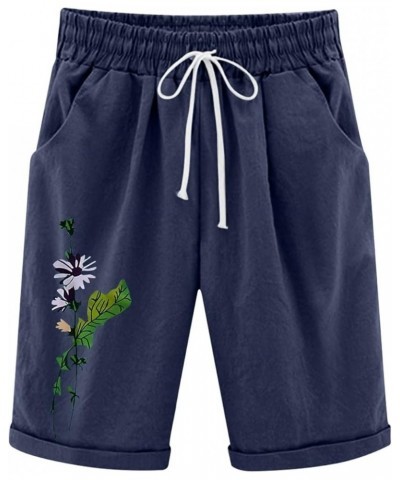 Dressy Summer 2023 Women Graphic Print Cotton Linen Shorts Fashion Casual New Fitted Bermuda Shorts Knee Length Shorts Navy 4...