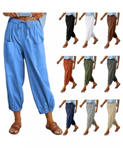 Casual Capri Pants for Women Linen Drawstring Elastic Capris Crop Relaxed Fit Cotton Wide Leg Capri Wide Leg Pants Blue $8.80...