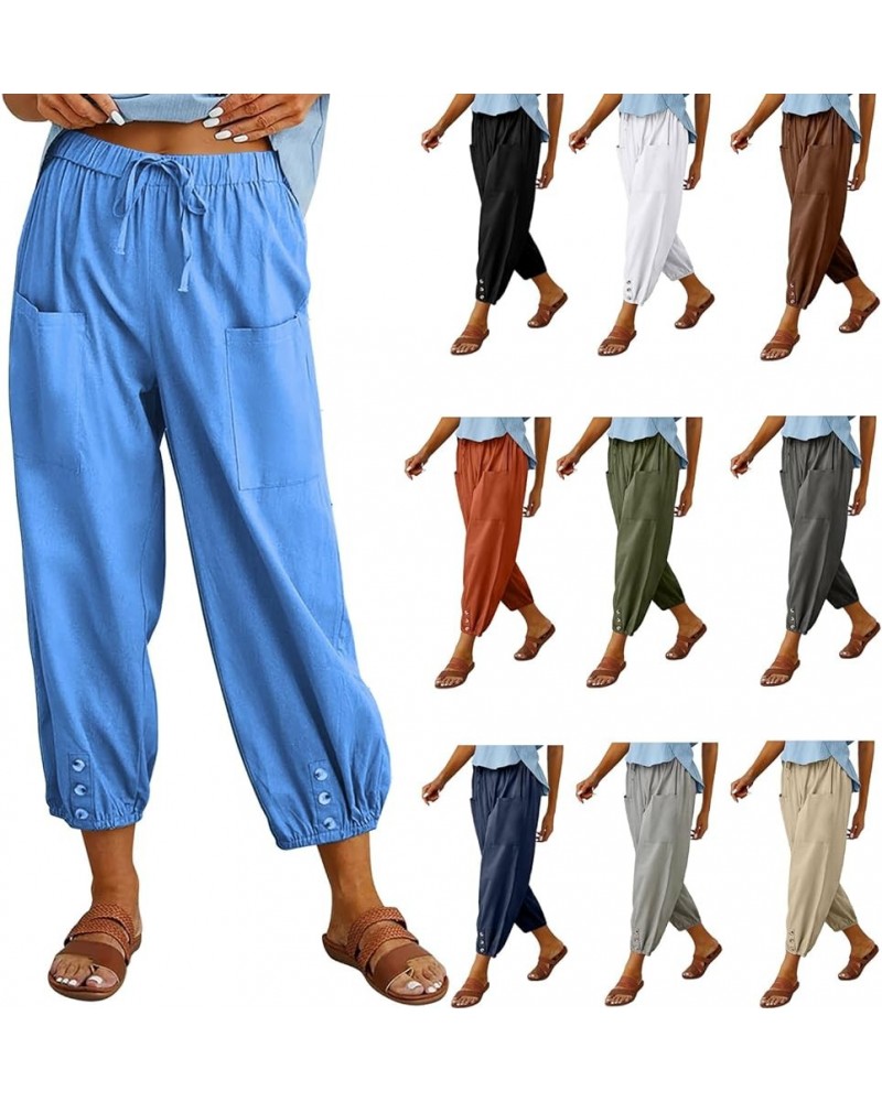 Casual Capri Pants for Women Linen Drawstring Elastic Capris Crop Relaxed Fit Cotton Wide Leg Capri Wide Leg Pants Blue $8.80...