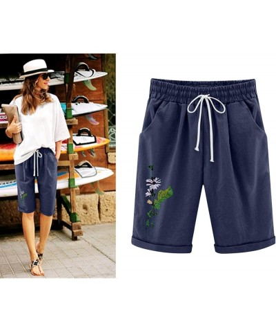 Dressy Summer 2023 Women Graphic Print Cotton Linen Shorts Fashion Casual New Fitted Bermuda Shorts Knee Length Shorts Navy 4...