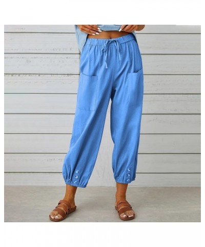 Casual Capri Pants for Women Linen Drawstring Elastic Capris Crop Relaxed Fit Cotton Wide Leg Capri Wide Leg Pants Blue $8.80...