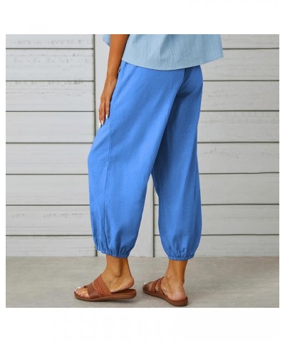 Casual Capri Pants for Women Linen Drawstring Elastic Capris Crop Relaxed Fit Cotton Wide Leg Capri Wide Leg Pants Blue $8.80...