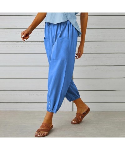 Casual Capri Pants for Women Linen Drawstring Elastic Capris Crop Relaxed Fit Cotton Wide Leg Capri Wide Leg Pants Blue $8.80...