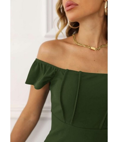 2023 Women's Off Shoulder Dress Square Neck High Waist Tunic Backless Casual Dress for Women with Zipper Green $14.49 Dresses